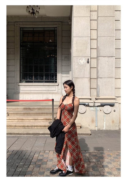 Vintage Spaghetti Strap Side Slit Dress with Cardigan